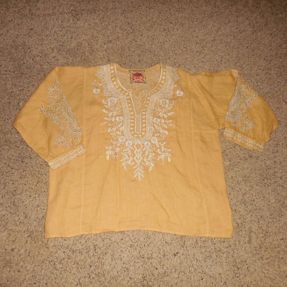 Johnny Was Mustard Yellow Embroidered Linen Blouse Top M L
